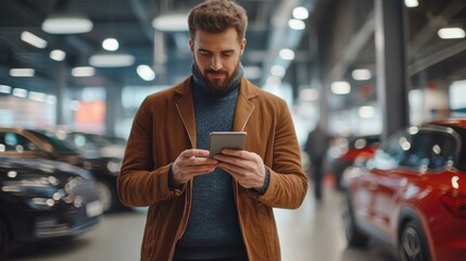 A man in a brown jacket uses his smartphone while surrounded by parked cars in a modern showroom.