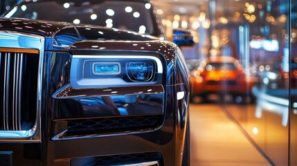 A sleek, luxury car showcased in a modern showroom with reflections and vibrant lighting, emphasizing its design and elegance.