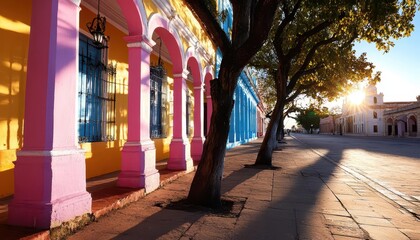 Obraz premium Historical walking tour, vibrant colors, iconic structures, wide shot, inviting