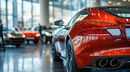 A sleek, red sports car is showcased in a modern showroom filled with other luxury vehicles, highlighting its design and elegant surroundings.