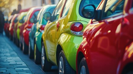 A vibrant lineup of colorful cars parked alongside each other, showcasing a spectrum of hues including red, yellow, and green.