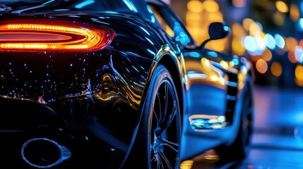 A sleek black sports car reflects vibrant city lights, showcasing its modern design and powerful allure.