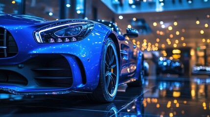 A striking blue sports car showcased in a modern, well-lit showroom, reflecting glimmers of light off its sleek surfaces.
