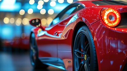 A sleek red sports car is showcased with a blurred background of lights, highlighting its curves and design.