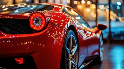 A stunning red sports car captured at night, showcasing its sleek design against a backdrop of warm lights.