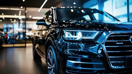 A sleek black SUV showcased in a modern showroom, highlighting its stylish design and sophisticated features.