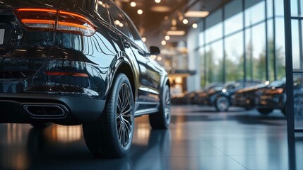 A sleek black SUV showcased in a modern showroom, reflecting natural light and surrounded by other vehicles.