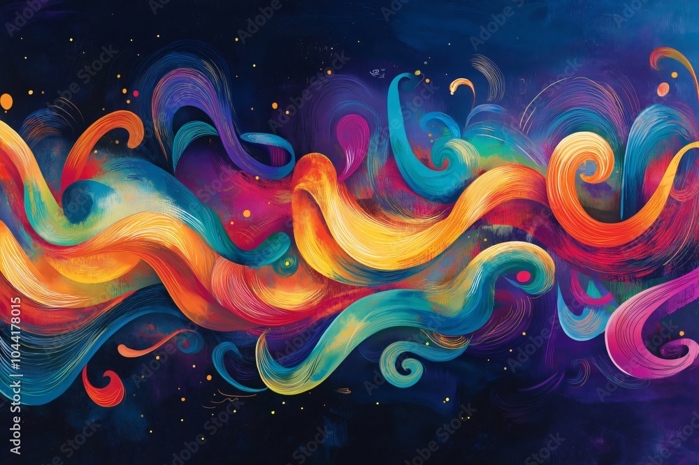 Poster this vibrant abstract design features swirling and flourishing lines of color set against a dark bac