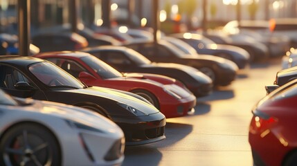 A vibrant scene depicting a lineup of various luxury cars parked in sunlight, showcasing their sleek designs and colors.