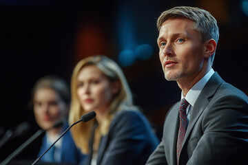 A political debate with candidates discussing democratic principles.