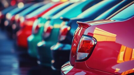 A vibrant lineup of parked cars showcases a variety of colors, highlighting automotive design and urban life.