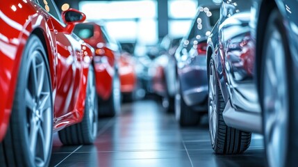A vibrant showroom featuring multiple cars, highlighted by the striking red vehicle in the foreground, showcasing sleek designs and shiny finishes.