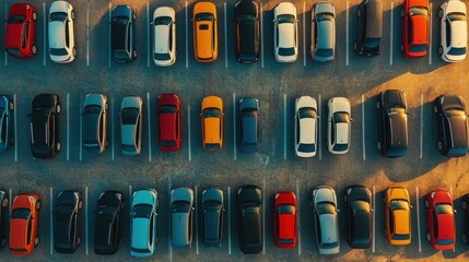 Aerial view of a parking lot filled with various cars in different colors, showcasing an organized arrangement and sunlight casting long shadows.