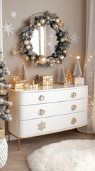 Decorative green wreath with pinecones and lights adorns a white sideboard in a minimalistic entryway, evoking a festive spirit