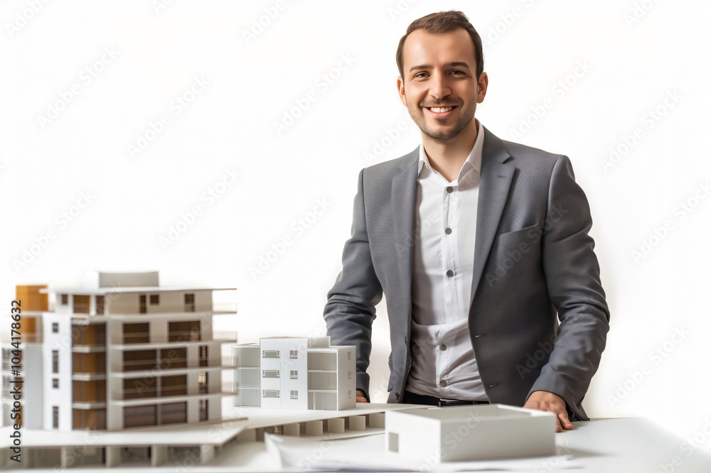 Aufkleber real estate developer is smiling while presenting a new building model on a table