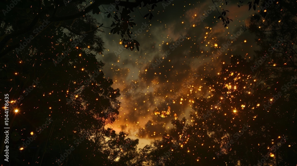 Poster embers from the fire float up into the dark sky creating a magical and enchanting ambiance. 2d flat 