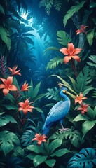 Tropical exotic pattern with animal and flowers in bright colors and lush vegetation