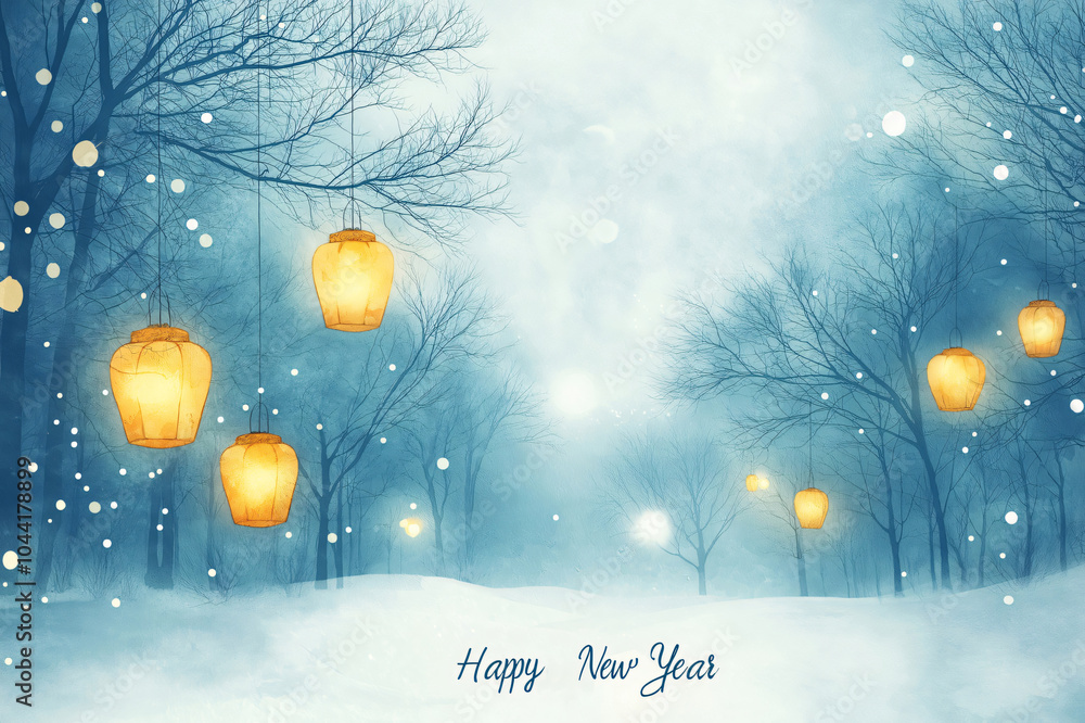 Poster snowy forest path is illuminated by glowing lanterns hanging from bare branches in a watercolor happ
