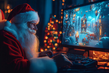 Santa Claus enjoying a bit of gaming during Christmas night, taking a break from delivering presents
