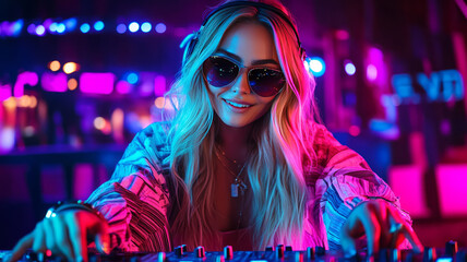 DJ in the night party club, colorful light, happy, blonde, beautiful, sunglasses, headphone, european beauty,