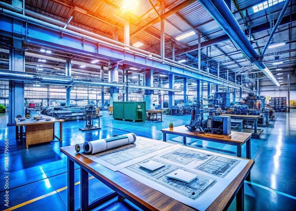 Poster detailed blueprint in manufacturing workshop with high depth of field for industrial design and engi