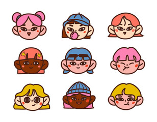 Fun and Expressive Character Face Portrait. A set of 9 cute and playful character faces, featuring diverse hairstyles, expressions, and styles, perfect for fun designs and avatars