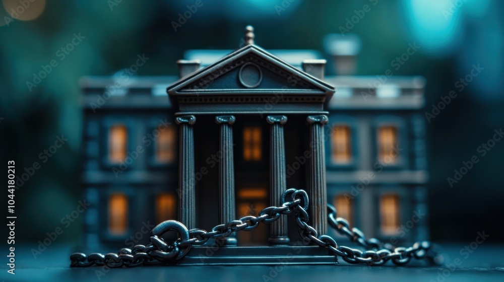 Poster a miniature building model secured with a chain, evoking themes of restriction and security.