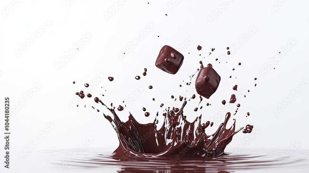 Poster Chocolate Cubes Splashing in Dark Liquid Creating Dynamic Droplets Generative AI