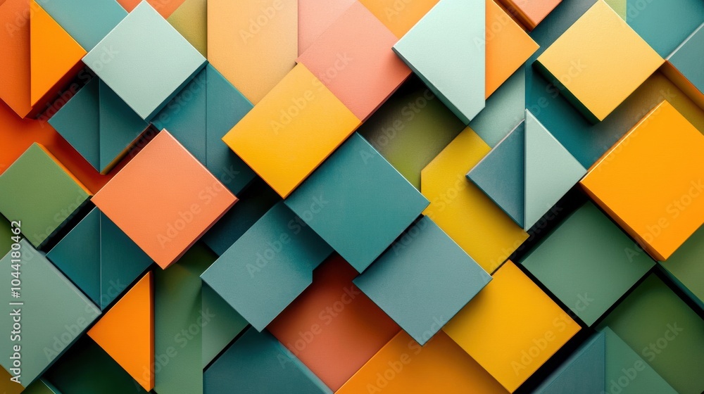Poster The artwork showcases a dynamic arrangement of colorful rhombuses and squares layered in various shades of orange and teal, creating depth. Generative AI
