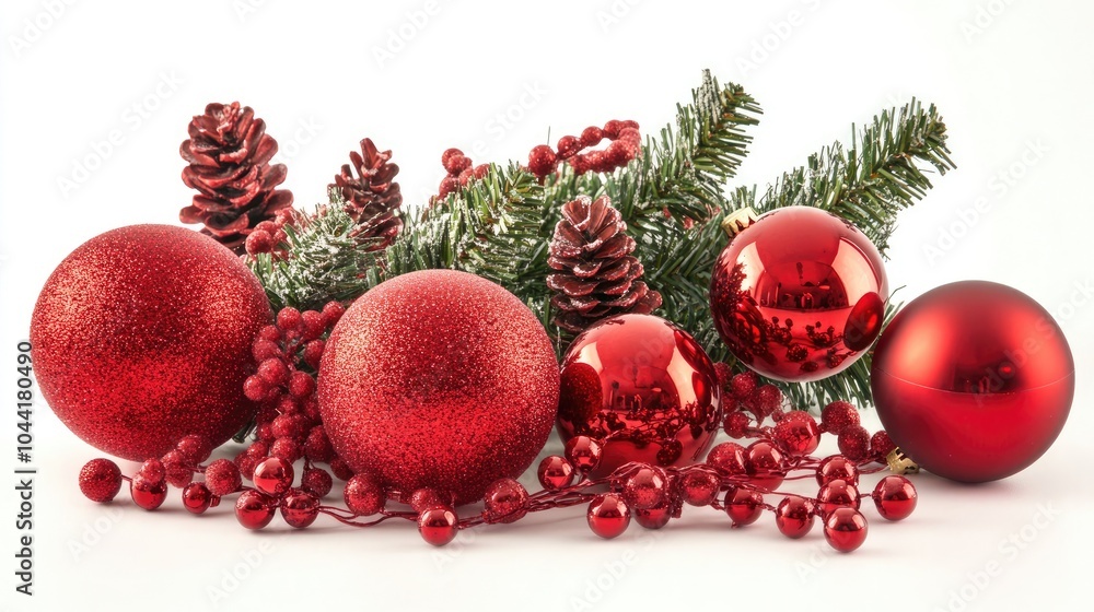 Aufkleber decorative red christmas tree ornaments and pinecones on display generative ai