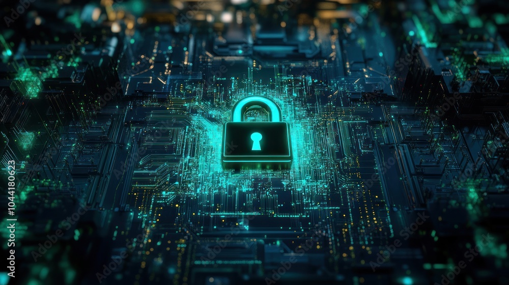 Poster a digital lock icon on a circuit board background, symbolizing cybersecurity and data protection.