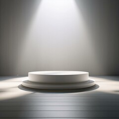 Fototapeta premium White circular podium with rays of light in a minimalistic interior room. 3D Rendering