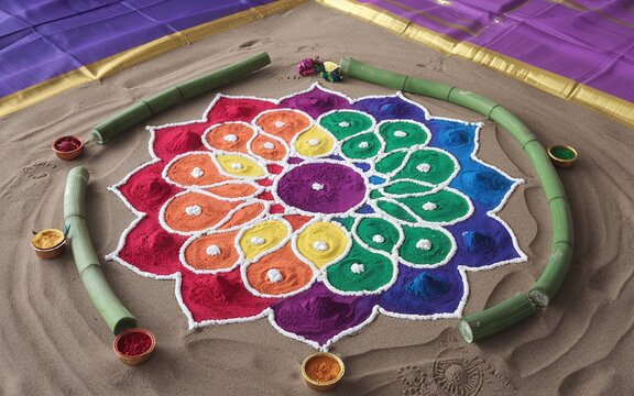 Colorful sand mandala with bowls of colored powder and bamboo sticks.