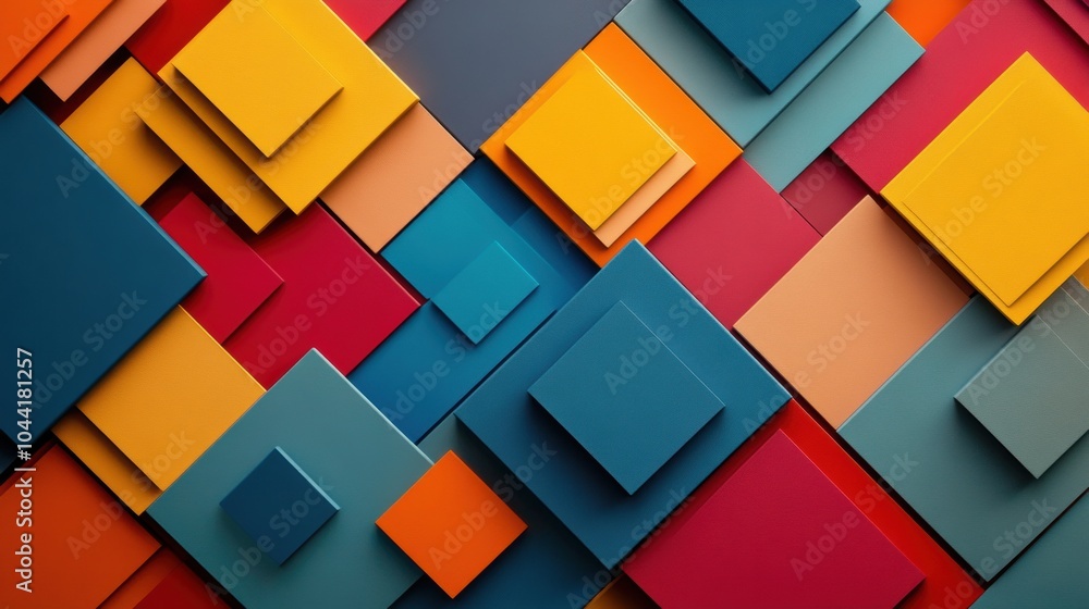 Poster Layered squares and rhombuses in various shades combine to form a striking geometric abstraction, filled with vibrant color dynamics. Generative AI