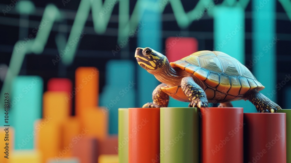 Aufkleber a turtle on colorful bars against a backdrop of fluctuating graphs.