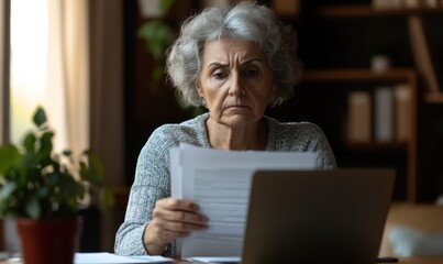 Old woman with serious expression reading document sitting at desk with laptop, dealing with important paperwork, managing finances or health-related issues, learn written information looks concerned