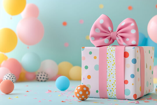 Eine Geschenkebox in auffallenden Farben mit einem farbigen Hintergrund, Grusskarte zum Geburtstag in Rosa Blau Weiss und Gelb, Geburtstagskarte in Pastellt&ouml;ne und mit Luftballons