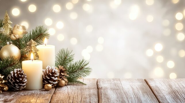 A festive arrangement showcases candles and pine branches displayed on a wooden table, perfect for holiday celebrations in a minimalistic style
