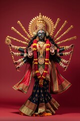 Fototapeta premium Goddess kali, a fearsome Hindu deity, standing in a traditional ornamented dress with a red background