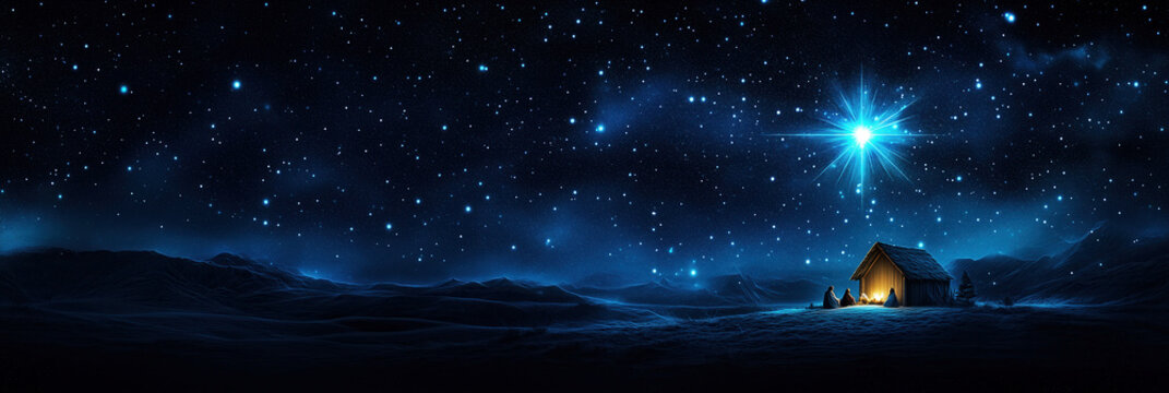 Wooden Stable at Dark Blue Starry Night, Jesus Christ Birth Concept Banner with Copy Space