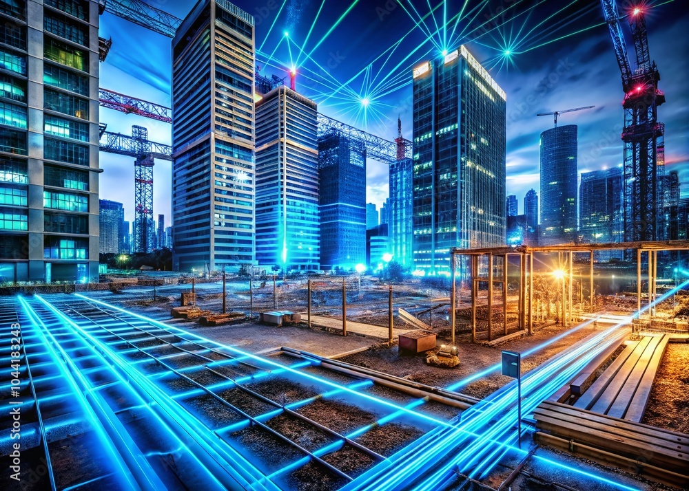 Poster electronic high building construction circuit line with blue neon lights in a high dynamic range set