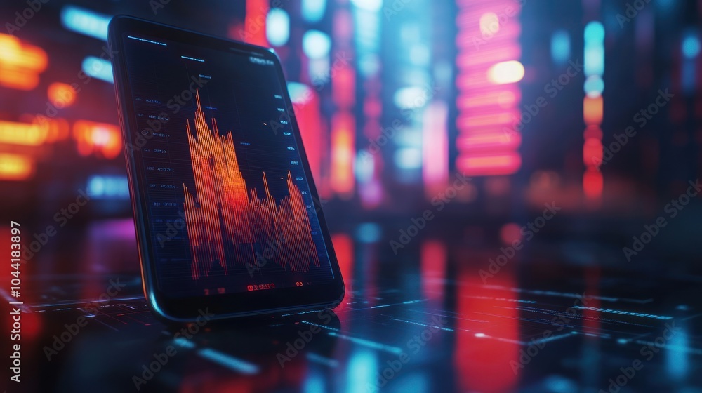 Poster a smartphone displaying a colorful financial chart against a futuristic background.