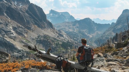 A hiker takes a rest on a fallen log leaning back against backpack as gazes out at the rocky terrain and rugged mountains in . .