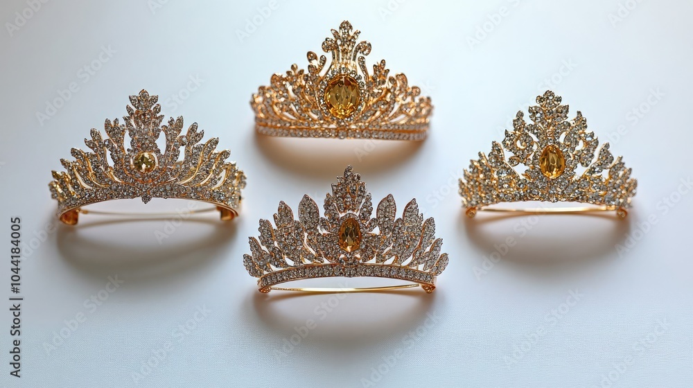 Poster Artful Display of Elegant Golden Tiaras on Light Background Generative AI