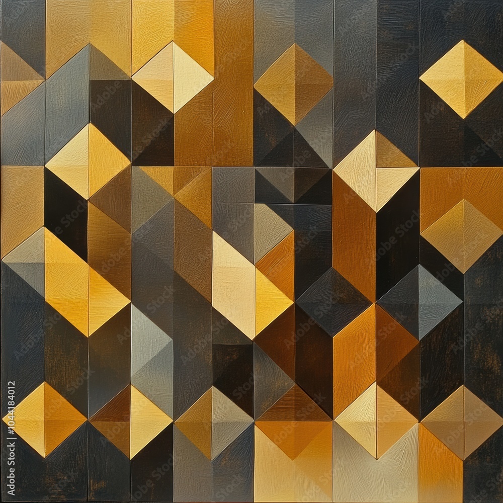 Poster layered geometric shapes create a striking composition, emphasizing variations in brown and gold ton
