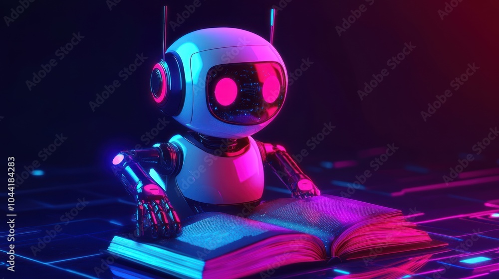 Poster a futuristic robot reading an open book amidst a colorful digital backdrop.