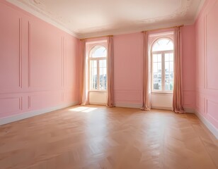 Fototapeta premium Elegant classical pink room with tall windows and golden accents in a historic building