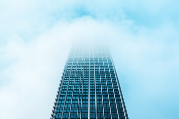 Fototapeta premium A tall skyscraper emerges from clouds against a bright blue sky, showcasing modern architecture and a surreal atmosphere.