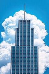 Fototapeta premium A modern skyscraper with a sharp spire peeking through fluffy clouds against a bright blue sky, showcasing urban architecture.