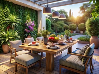 Obraz premium Elegant Food Arrangement in a Cozy Patio Living Space - 3D Rendered Design for Outdoor Dining Inspiration